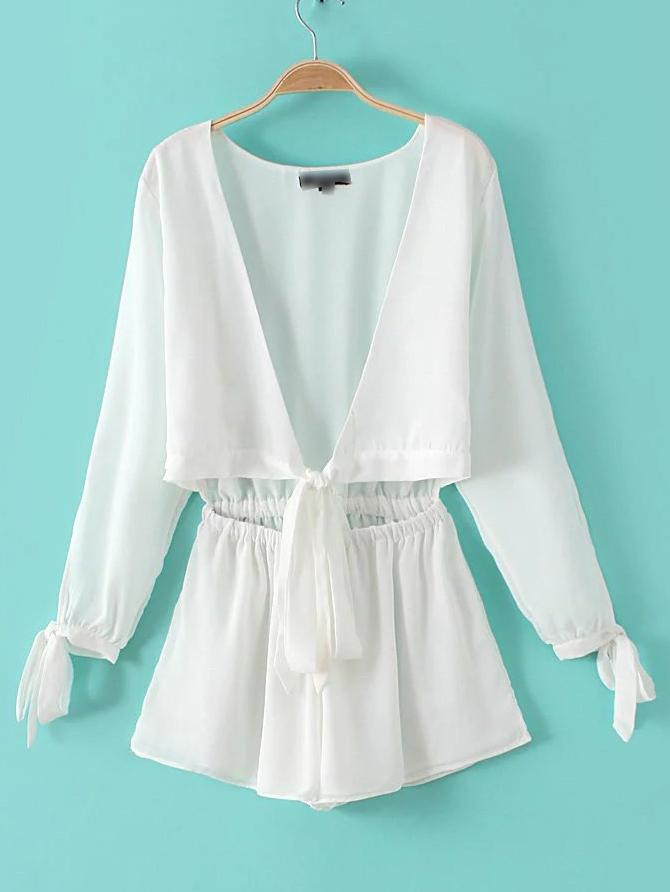 Shein White Plunge V Neck Bow Tie Cuff Elastic Waist Jumpsuit