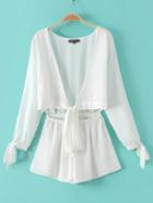 Shein White Plunge V Neck Bow Tie Cuff Elastic Waist Jumpsuit