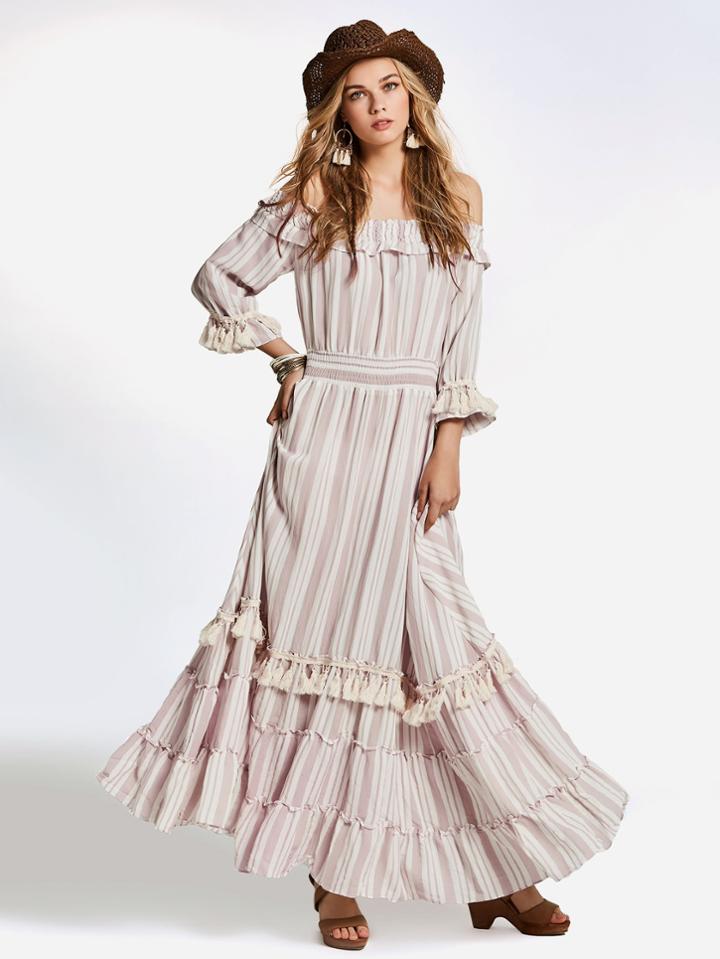 Shein Off Shoulder Frill Fringe Trim Tiered Striped Dress