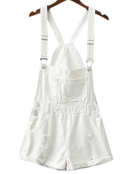 Shein White Pockets Roll-cuff Ripped Denim Romper