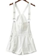 Shein White Pockets Roll-cuff Ripped Denim Romper