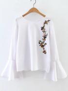 Shein White Flower Embroidery Bell Sleeve Cutout Blouse