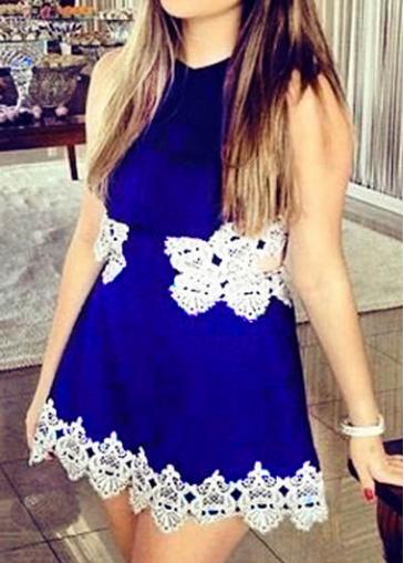 Rosewe Open Back Lace Panel Sleeveless Blue Mini Dress