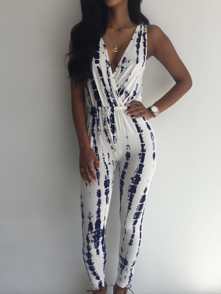 Shein White Deep V Neck Ink Print Jumpsuit