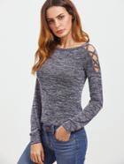 Shein Navy Marled Crisscross Open Shoulder T-shirt