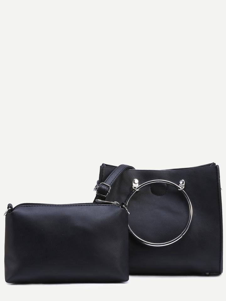 Shein Black Ring Handle Satchel Bag With Make Up Bag