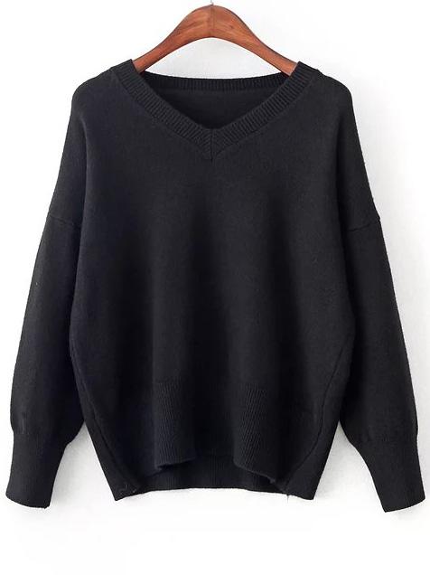 Shein Black V Neck Ribbed Trim Sweater