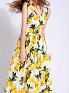 Shein White V Neck Lemons Print Maxi Dress