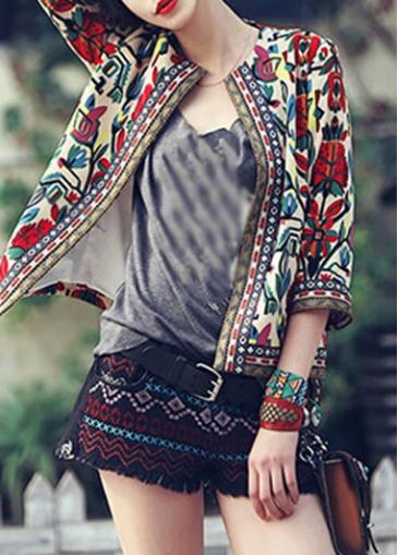 Rosewe Tribal Print Round Neck Crop Jacket