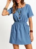 Shein Blue Short Sleeve Pockets Denim Dress