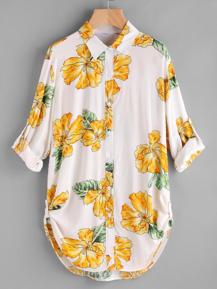 Shein Floral Print Rolled Cuff Curved Hem High Low Shirt