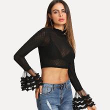 Shein Layered Flounce Sleeve Semi Sheer Mesh Crop Top Without Bra