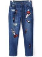 Shein Blue Ripped Lipstick Hand Embroidered Denim Pant