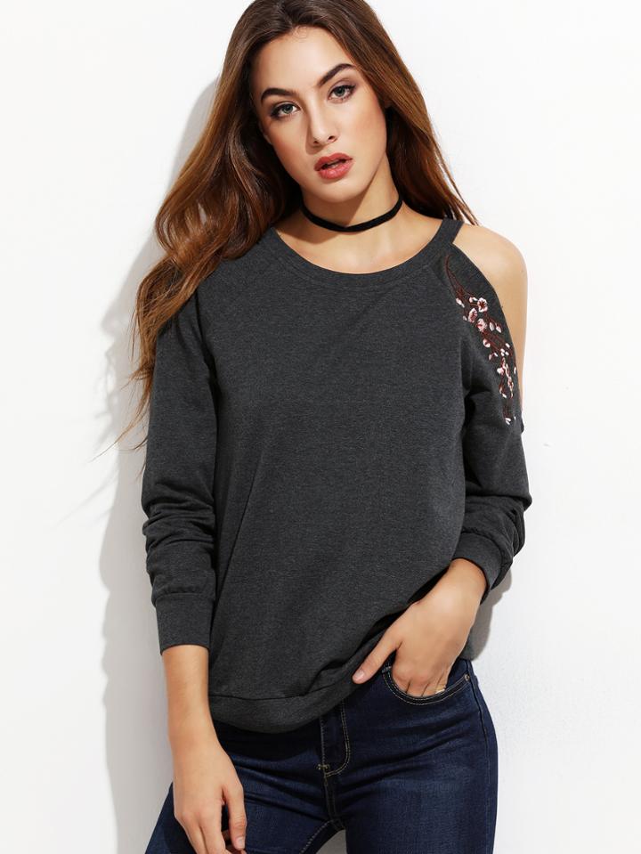 Shein Heather Grey Blossom Embroidered Asymmetric Cold Shoulder Sweatshirt