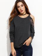 Shein Heather Grey Blossom Embroidered Asymmetric Cold Shoulder Sweatshirt