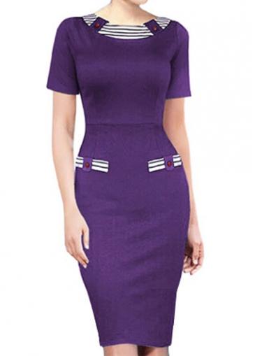 Rosewe Purple Short Sleeve Knee Length Dress