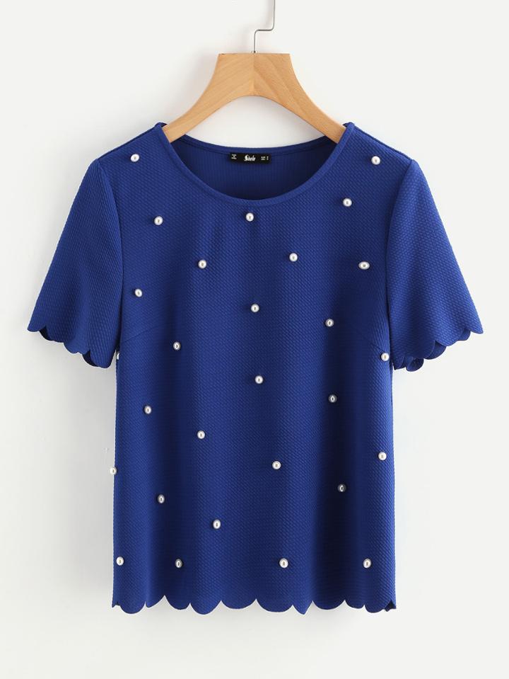 Shein Scallop Trim Pearl Embellished Textured Top