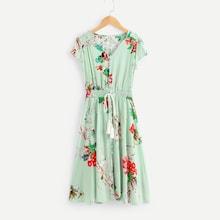 Shein Girls Button Up Front Shirred Waist Floral Dress