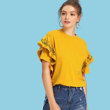 Shein Drop Shoulder Embroidery Ruffle Sleeve Top