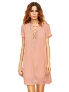 Shein Pink Lace Up Print Front Shift Dress