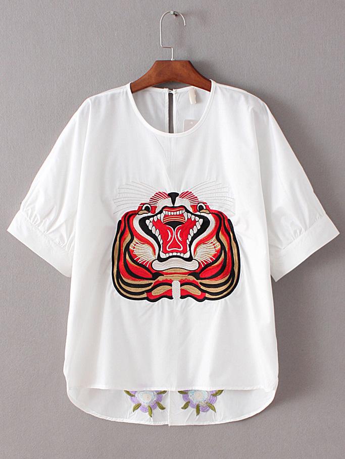 Shein White Short Sleeve Round Neck Embroidered Blouse