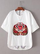 Shein White Short Sleeve Round Neck Embroidered Blouse