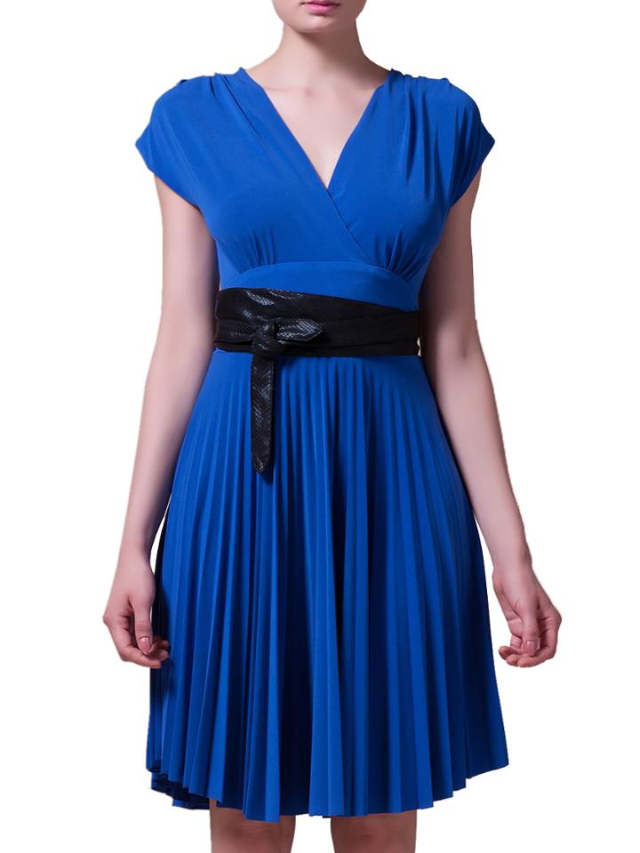 Shein Blue V Neck Pleated A-line Obi Dress