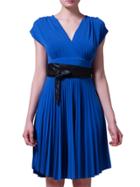 Shein Blue V Neck Pleated A-line Obi Dress