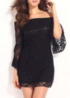 Rosewe Laconic Flare Sleeve Boat Neck Black Lace Dress