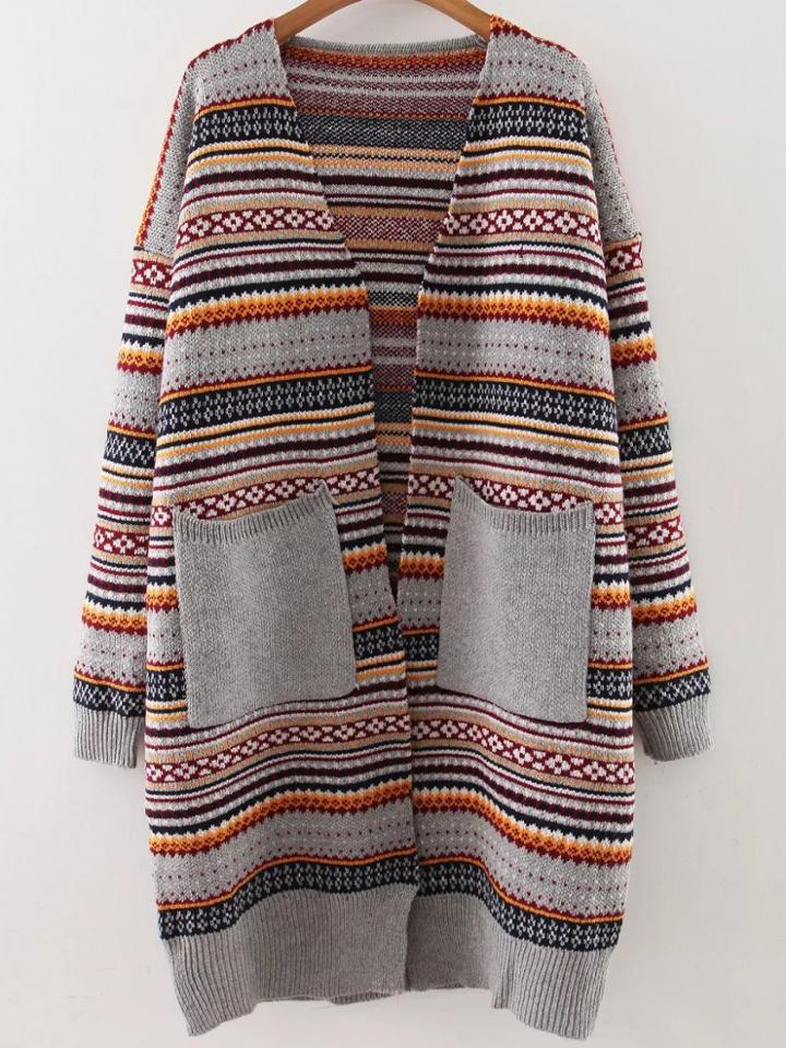Shein Grey Tribal Pattern Front Pocket Drop Shoulder Sweater Coat