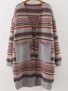 Shein Grey Tribal Pattern Front Pocket Drop Shoulder Sweater Coat