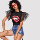 Shein Graphic Print Mesh Panel Tee