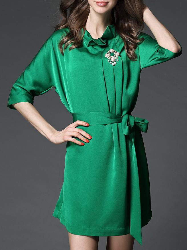 Shein Green Collar Tie-waist Pleated Dress