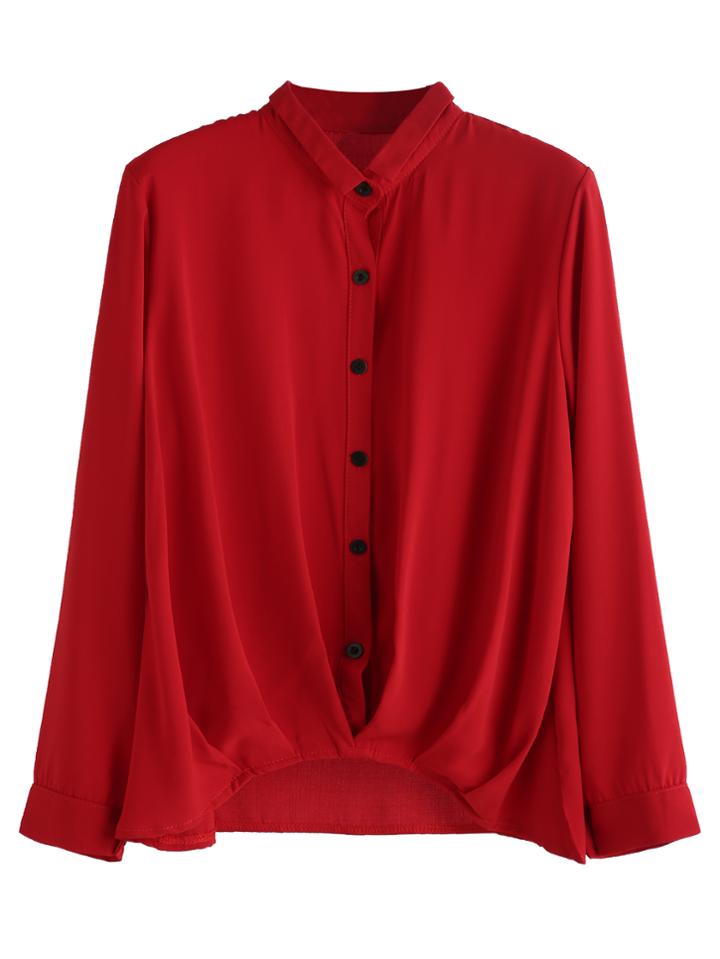Shein Burgundy Pleated Dip Hem Blouse With Button Detail