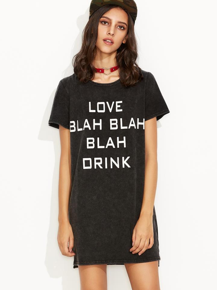 Shein Black Letter Print High Low Tee Dress