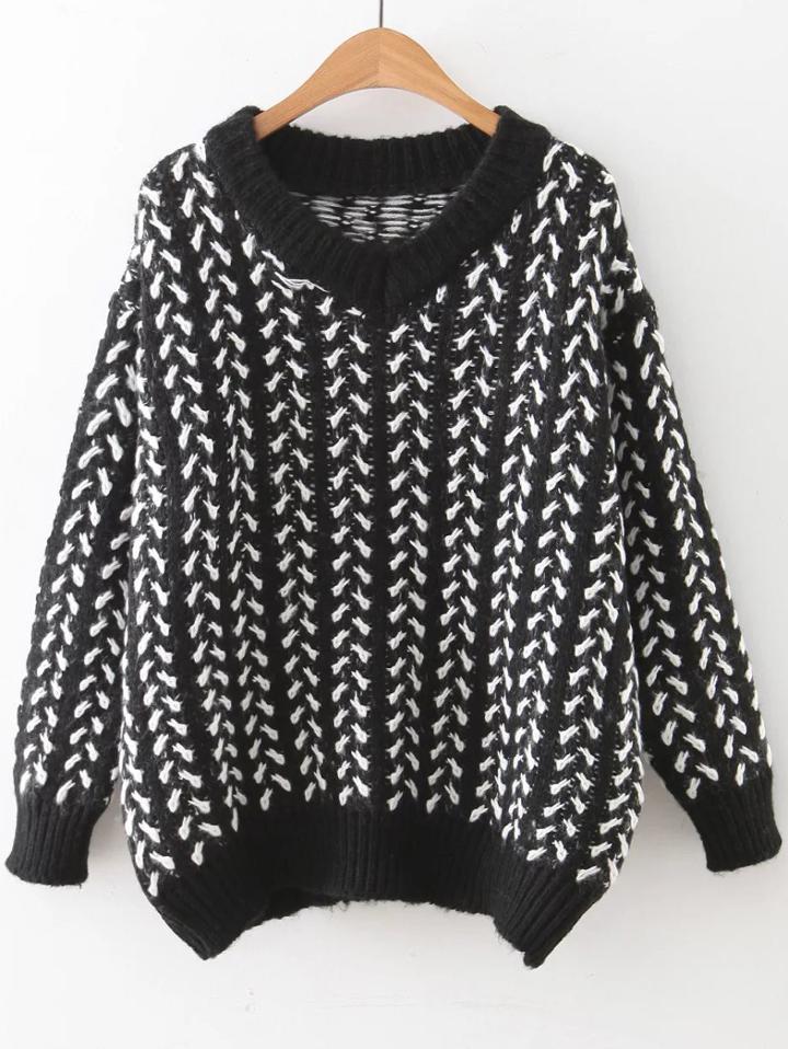 Shein Black V Neck Ribbed Trim Loose Sweater