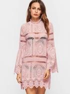 Shein Pink Bell Sleeve Zig Zag Hem Hollow Out Embroidered Lace Dress