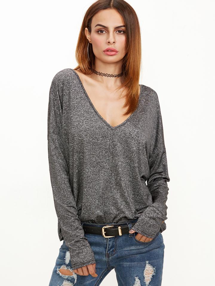 Shein Grey Marled Knit Double V Neck Dolman Sleeve T-shirt