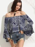 Shein Bell Sleeve Off The Shoulder Paisley Print Blouse
