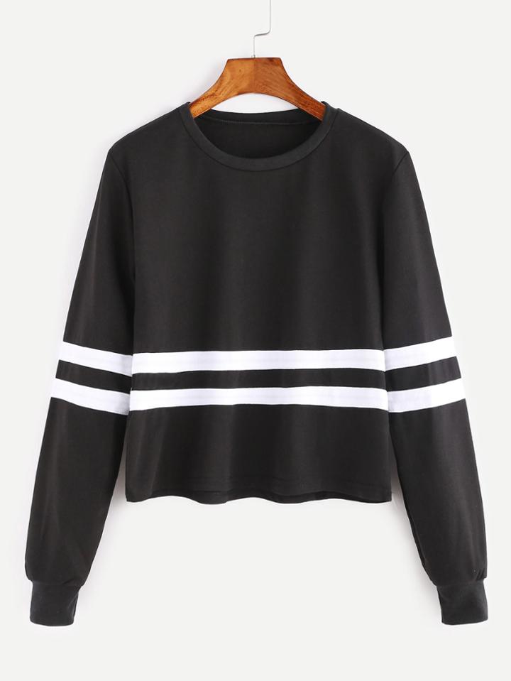 Shein Black Long Sleeve Striped Trim Sweatshirt
