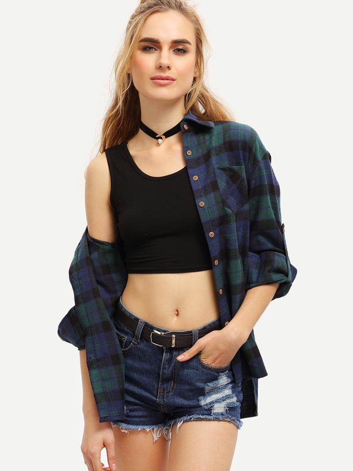 Shein Checkered Roll Tab Sleeve Shirt