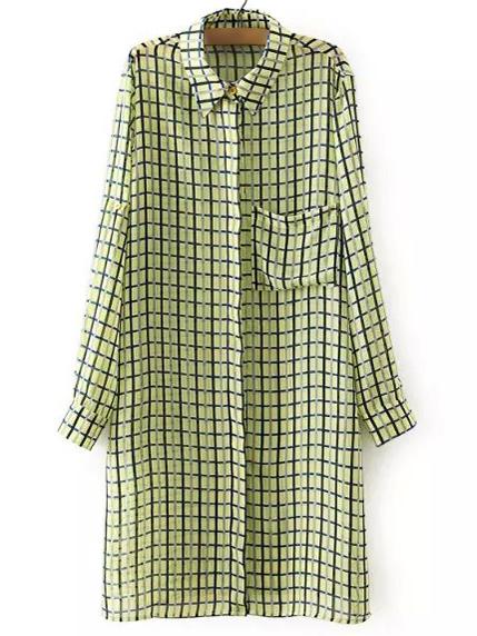 Shein Yellow Buttons Front Pocket Plaids Shirt Dress