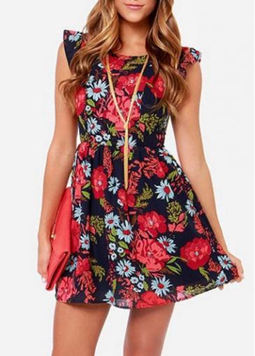 Rosewe Colorful Hollow Design Round Neck Printed Mini Dress