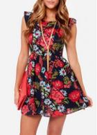 Rosewe Colorful Hollow Design Round Neck Printed Mini Dress