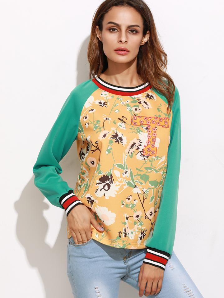 Shein Color Block Flower Print Striped Trim Sweatshirt