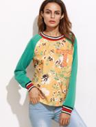 Shein Color Block Flower Print Striped Trim Sweatshirt