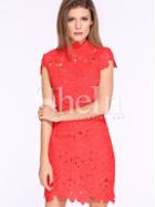 Shein Red Melon Cap Sleeve Crochet Festive Holidays Festivals Lace Zipper Dress