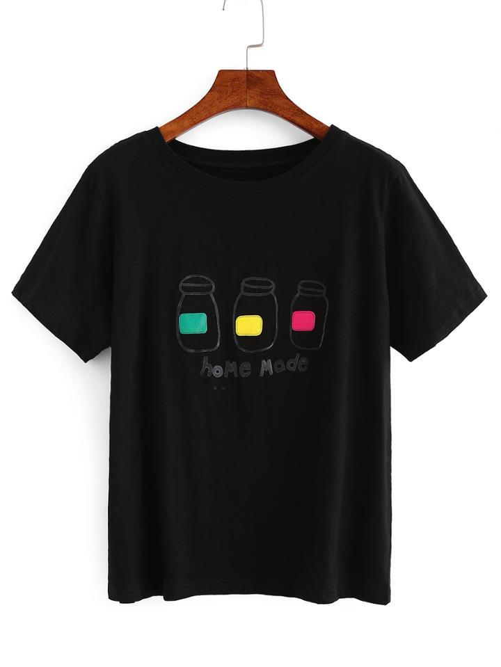 Shein Bottle Print Short Sleeve T-shirt - Black