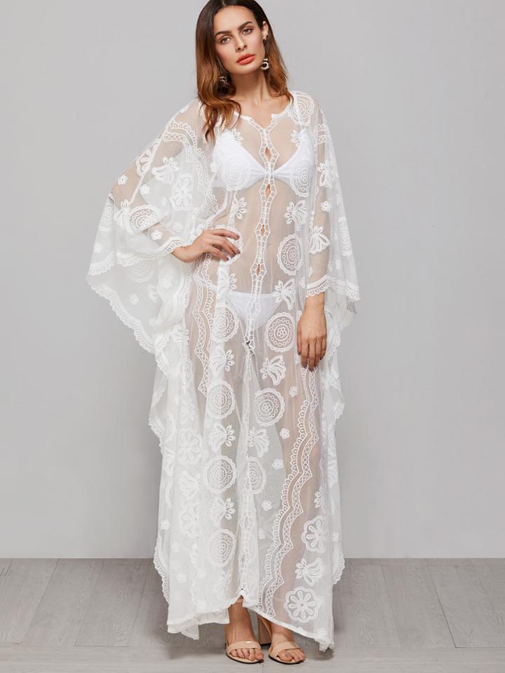 Shein White Embroidered Sheer Mesh Cape Dress