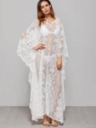 Shein White Embroidered Sheer Mesh Cape Dress
